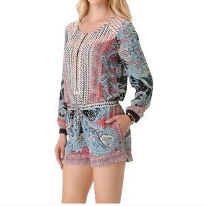 BCBGMAXAZRIA Multicolor Paisley Romper Sz S Drawstring Waist Adjustable Sleeves